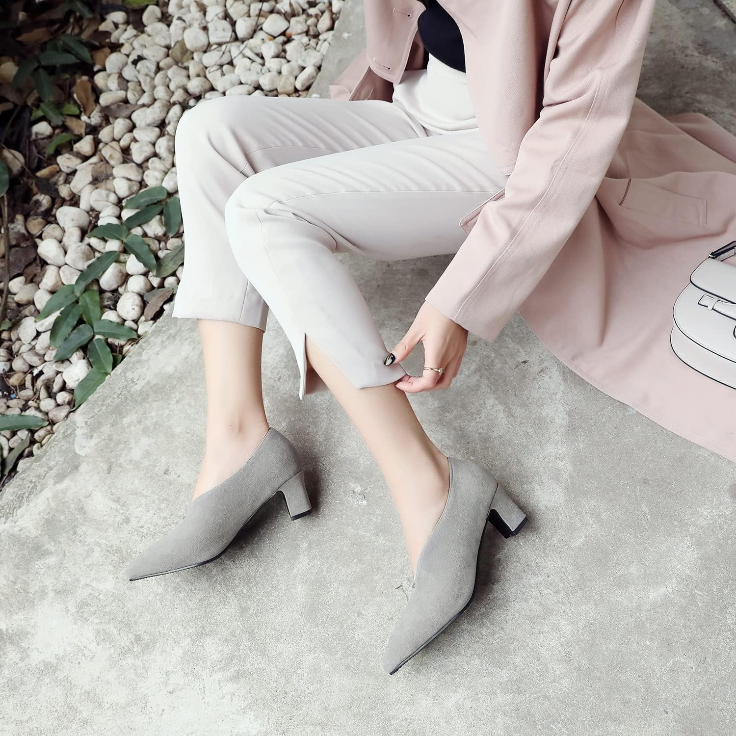 Women Comfortable Chunky Block Heel Pumps Shoes Pointed Toe Slip on Suede Penny Loafers 2” Mid Heel Closed Pointy Toe Work Shoes Office Patchwork Ladies Dressy Fall Fashion Elegant 4-13 M US