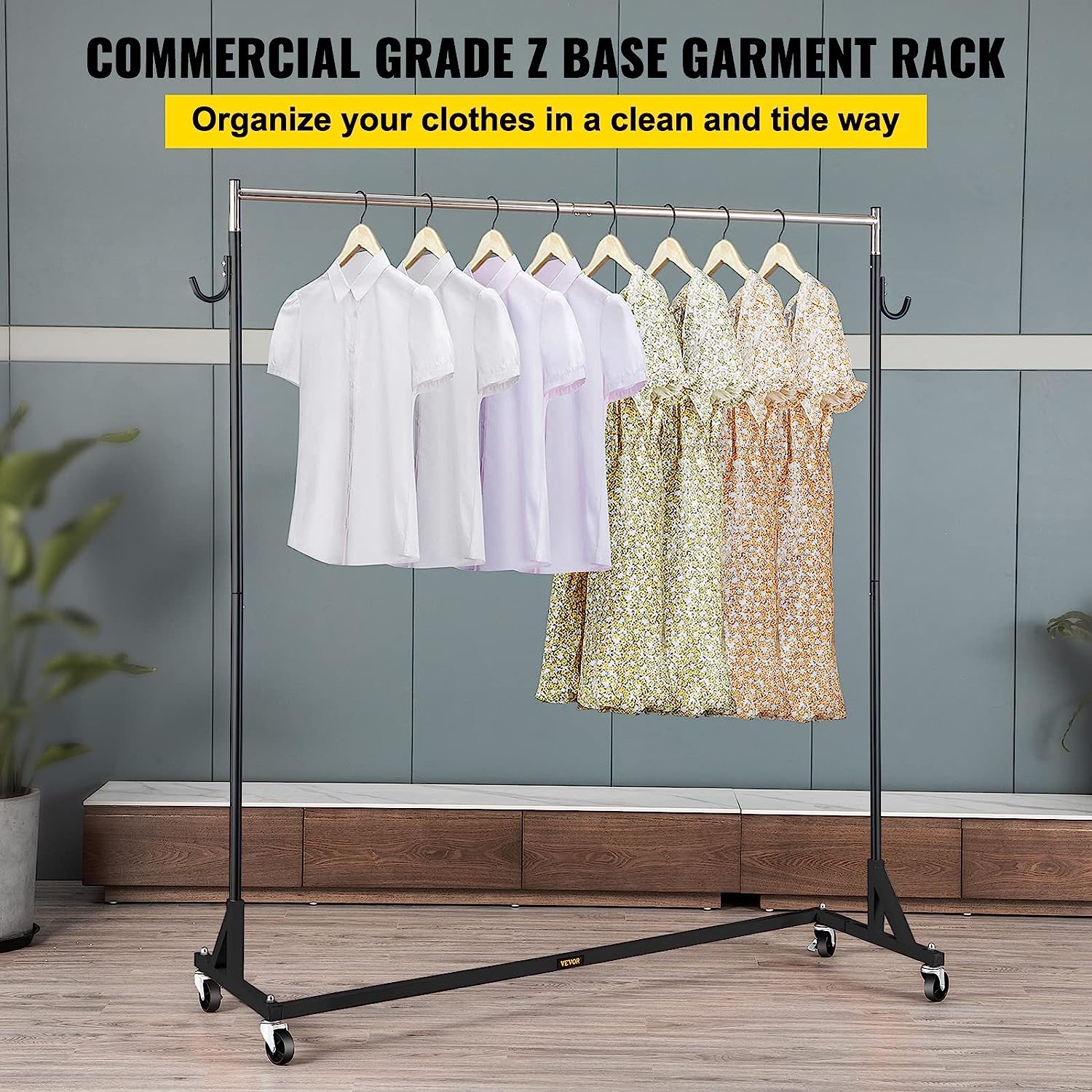 Z Rack, 300 lbs Industrial Grade Z Base Garment Rack, 24" x 63" x 63" Height Adjustable Clothes Rack, Sturdy Steel Heavy Duty Clothing Rack w/ Lockable Casters for Home Garment Store Black