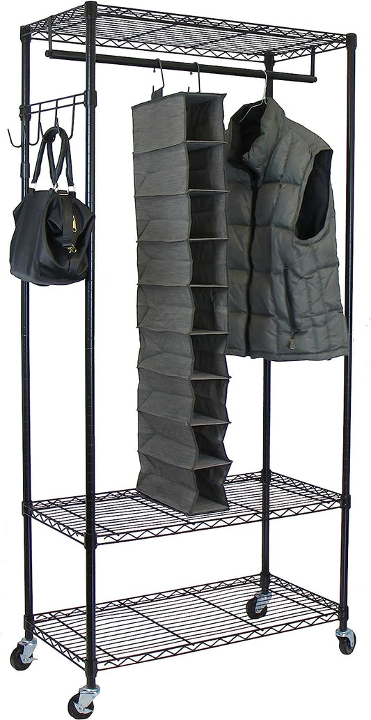 Adjustable Shelves with Hooks Garment Rack, Black