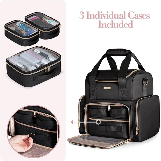 Large Makeup Cosmetic Bag with 3 Removable Case, Double Layer Travel Makeup Organizer Case with Inner Dividers and Makeup Brushes Storage Section, Black (Patented Design)