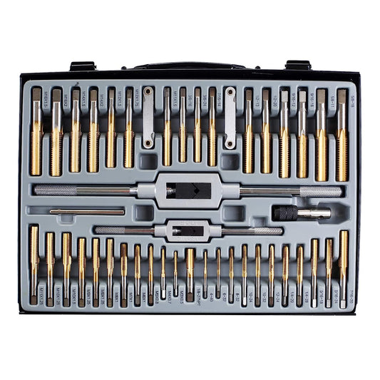 86 Piece Tap and Die Set Bearing Steel SAE and Metric Tools, Titanium Coated with Metal Carrying Case