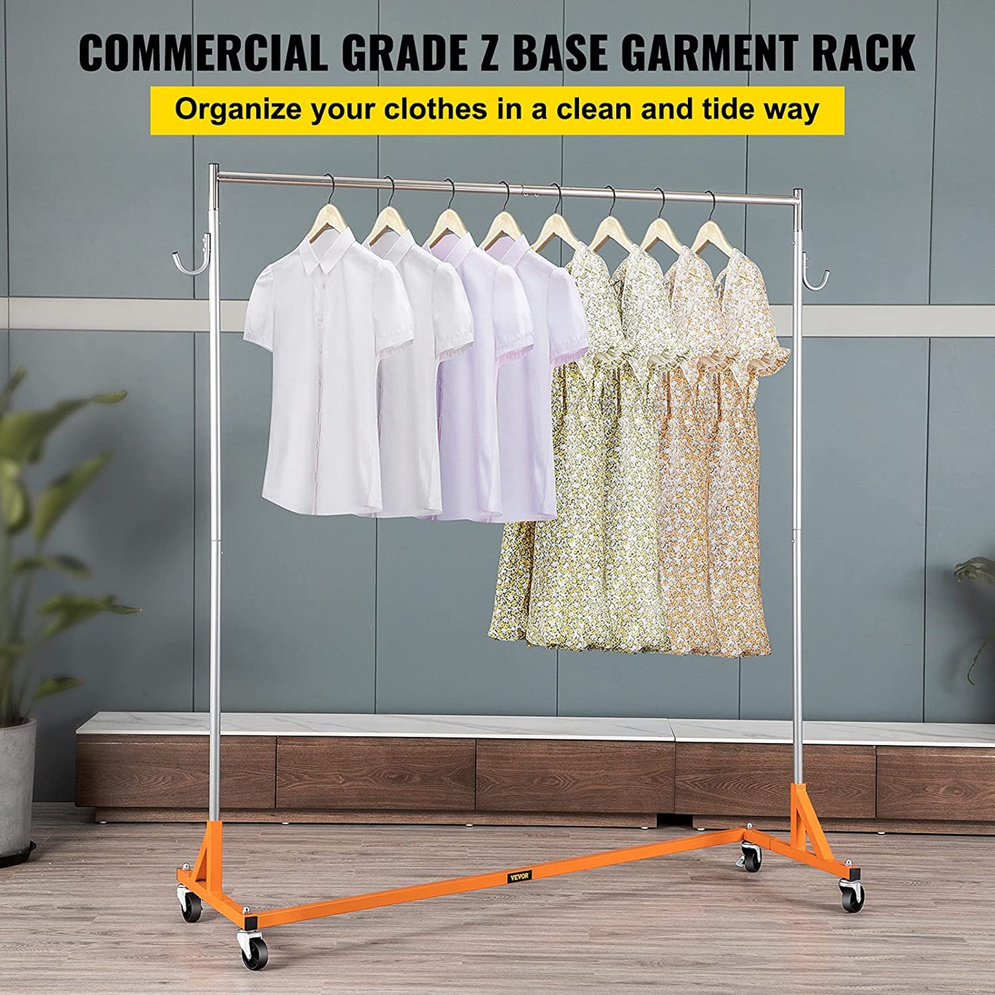 Z Rack, 300 lbs Industrial Grade Z Base Garment Rack, 24" x 63" x 71" Height Adjustable Clothes Rack, Sturdy Steel Heavy Duty Clothing Rack w/ Lockable Casters for Home Garment Store Orange