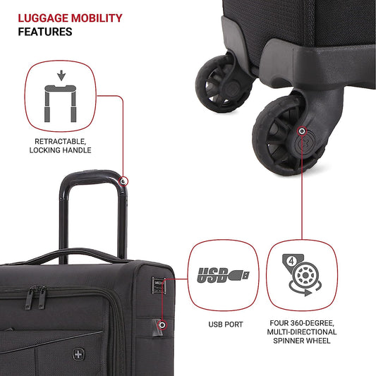 USB Spinner with Garment Bag, Black, Carry-On