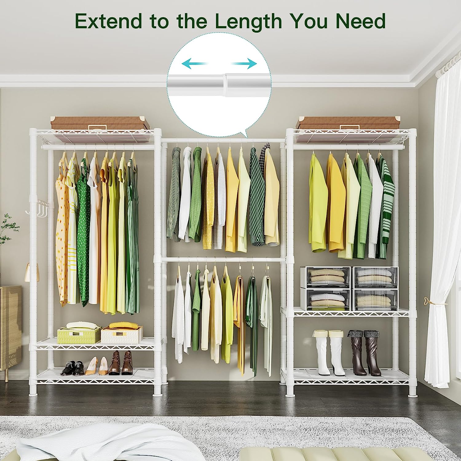 E1 Heavy Duty Clothes Rack, 6 Tiers Metal Freestanding Garment Rack, Expandable Closet Organizers and Storage with 4 Hanging Rods, Easy to Assemble, 71.4" H x (70.8" - 86.6") W x 14" D, White