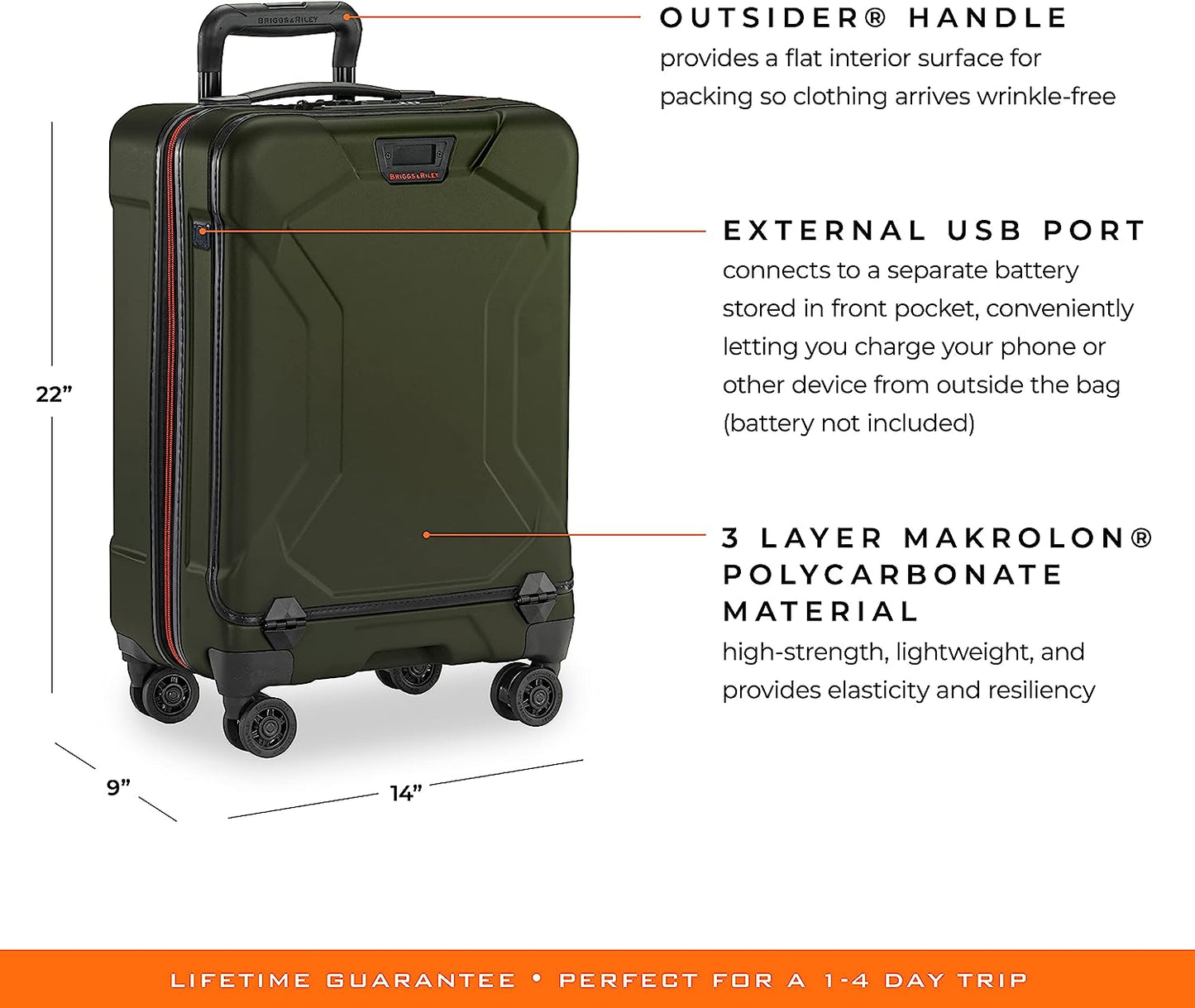 Hardside Carry On Luggage with Spinner Wheels 22 inch. USB Charging Port, TSA-Friendly Locks, Easy Access Hinged Front Pocket, Green