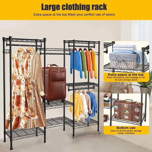 M3 Wire Garment Rack Heavy Duty Clothes Rack With 8 Tiers Adjustable Wire Shelving And 4 Hanging Rods/Freestanding Metal Wardrobe Closet Max Load 800lbs 68.5" L X 17.8" W X 75.0" H