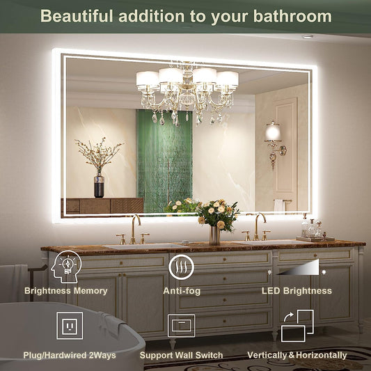 LED Mirror for Bathroom 60×36inch Vanity Make up Mirror with Light 3-Color dimmerabel Mirror Anti-Fog Touch Switch Wall Mounted Smart Mirror with Adjustable Lights White/Warm/Natural