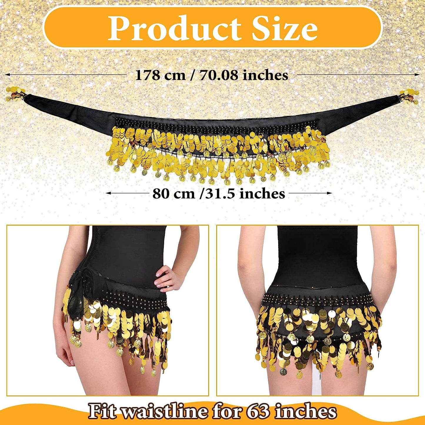 12 Pieces Belly Dance Skirt Hip Scarf with Gold Coins Belly Dancing Wrap Skirt Belt Coin Sash Dance Performance Costume for Women Girls Music Festival Halloween Party Bellydance Yoga Class