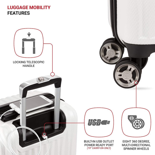 7272 Energie Hardside Luggage Carry-On Luggage With Spinner Wheels & TSA Lock, White, 19”