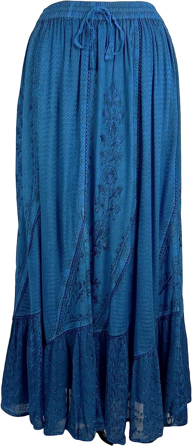 Women's Elastic Waistband Flare Hem Dancing Embroidered Twirl Long Renaissance Maxi Skirt