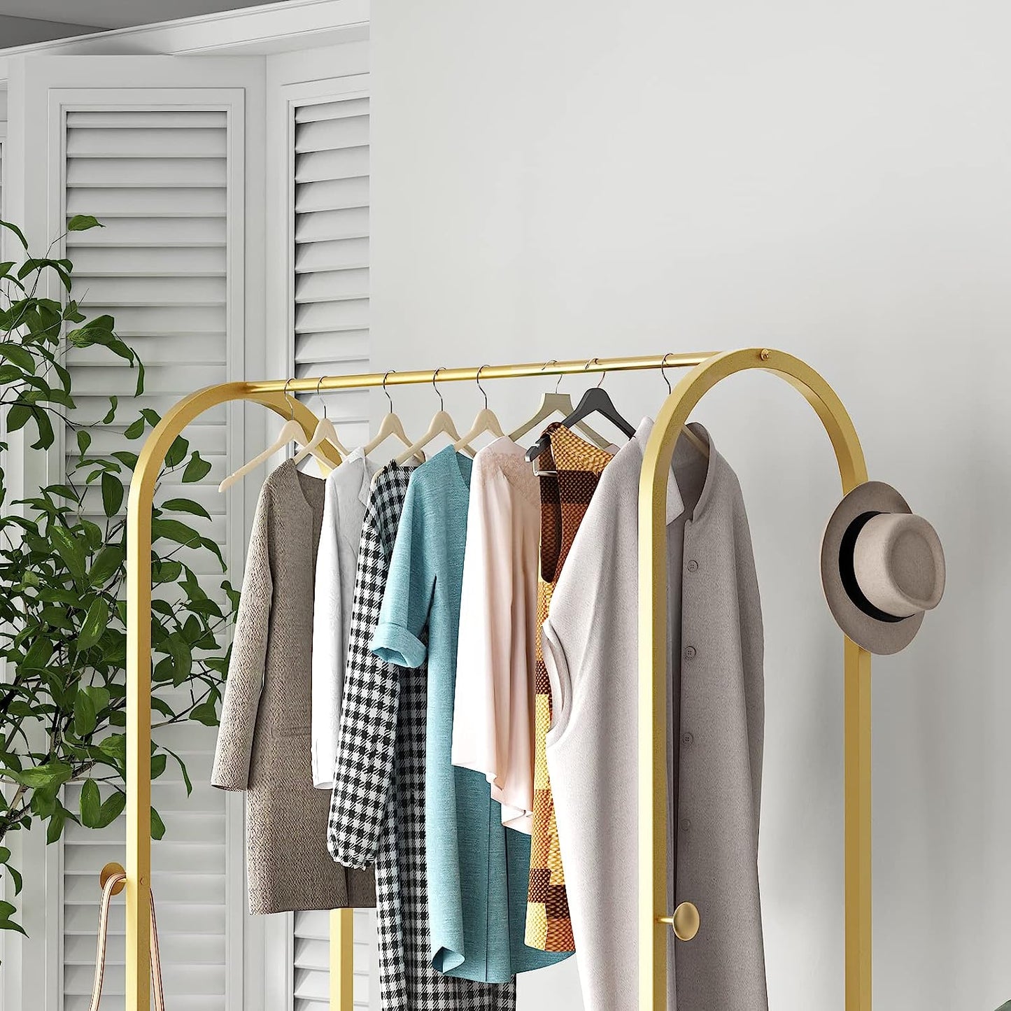 Gold Clothing Rack on Wheels Gold Display Rack with 2-tier Shelf Metal Hanging Rack Gold Clothes Rack for Boutique, Retail or Home -gold