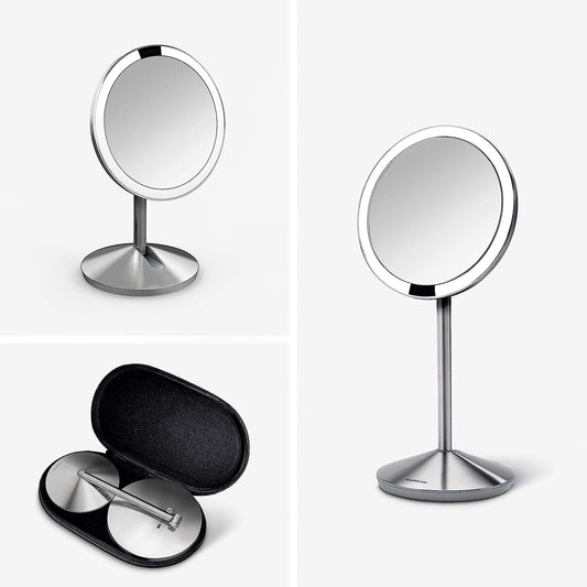 Floor Mount 5" Round Rechargeable Mini Travel Sensor Makeup Mirror, 10x Magnification, Brushed Stainless Steel