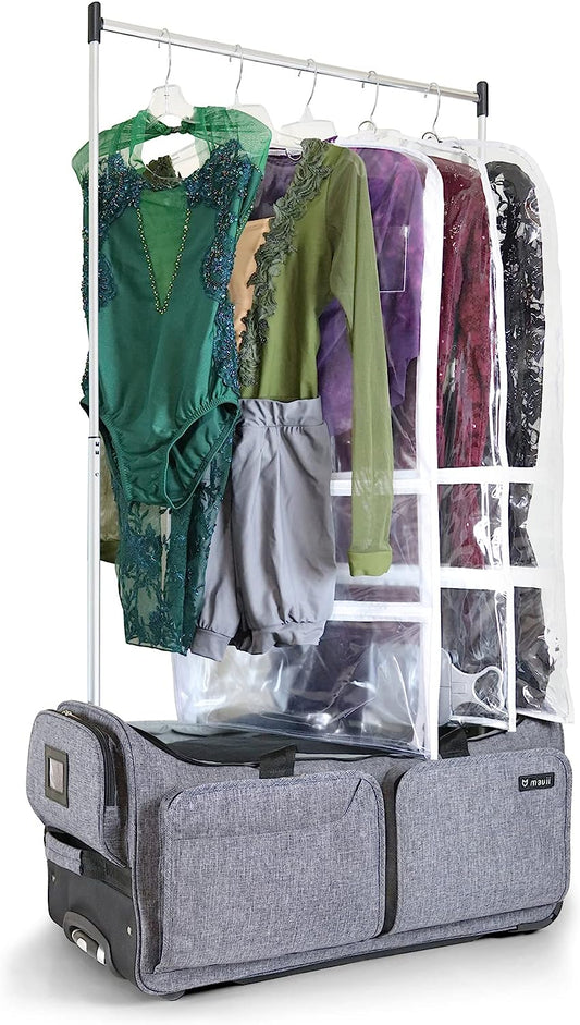 Costume Rack Duffel - Wheeled 28 Inch Collapsible Travel Bag, Rolling Garment Rack Luggage, Gray