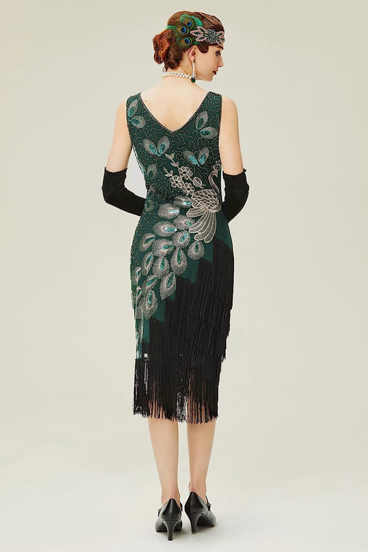 1920s Vintage Peacock Sequined Dress Gatsby Fringed Flapper Dress Roaring 20s Party Dress