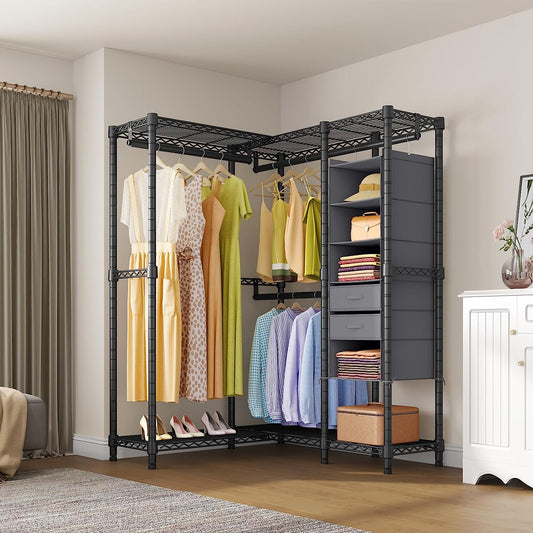 L6E Garment Rack for Hanging Clothes Heavy Duty Clothes Rack with Shelves, L Shaped Clothing Rack Portable Corner Closet Metal Freestanding Wardrobe with Organizer & Drawer, Max 715 LBS, Black