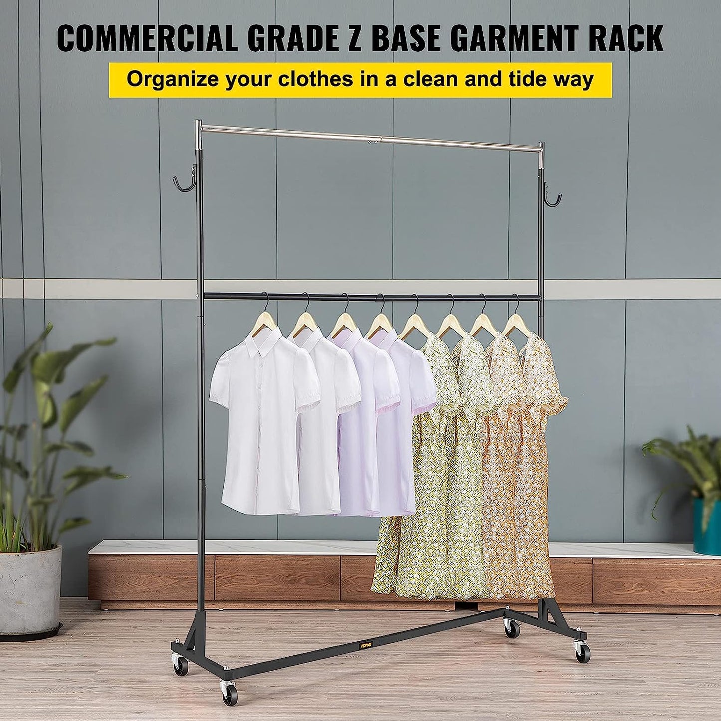 Z Rack, 300 lbs Industrial Grade Z Base Garment Rack, 24" x 62" x 85" Height Adjustable Clothes Rack, Heavy Duty Clothing Rack w/ Lockable Casters for Home Store w/ Add-on Hang Rail Black