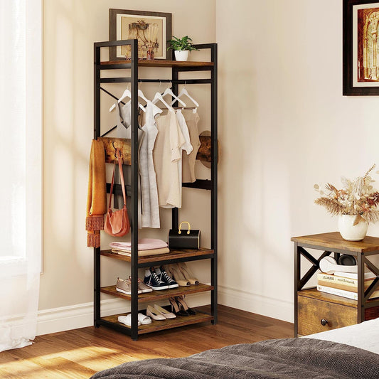 Small Heavy Duty Clothes Rack with Storage Shelves and Hanging Rod, Industrial Hall Tree Garments Rack, Freestanding Closet Organizer for Small Space, Entryway, Bedroom, Rustic Brown