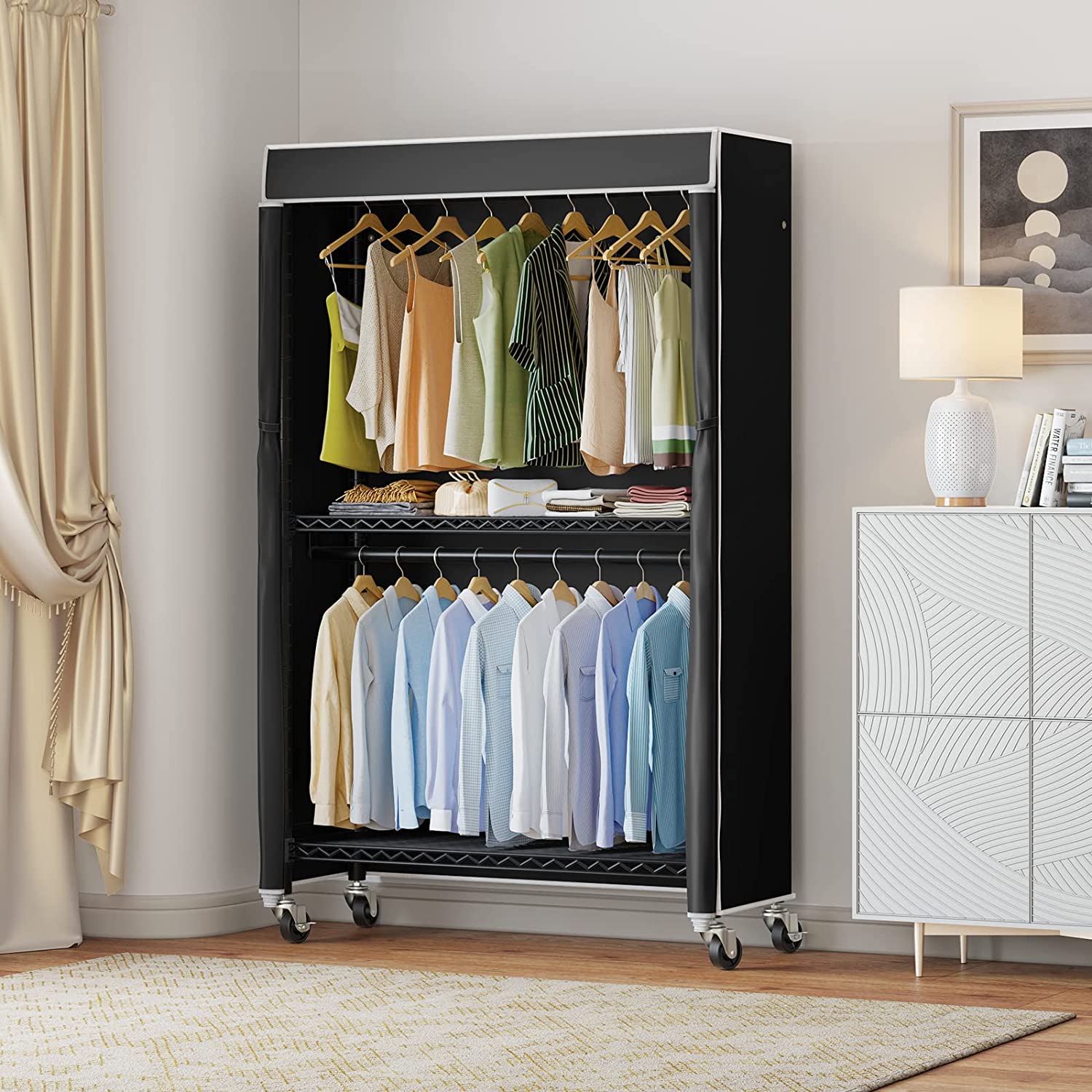 V12C Heavy Duty Rolling Garment Rack with Cover Clothing Rack for Hanging Clothes Portable Closets with Adjustable 3 Wire Shelving & Double Rods, Wardrobe on Wheels, Black Rack with Black Cover