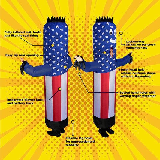 Air Dancers Inflatable Tube Man Costume - Wacky Waving Inflatable Tube Guy Blow Up Halloween Costume - Adult Size, American Flag