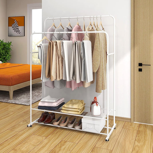 Clothes Rack Metal Garment Racks Heavy Duty Indoor Bedroom Cool Clothing Hanger with Top Rod and Lower Storage Shelf Black … (white)