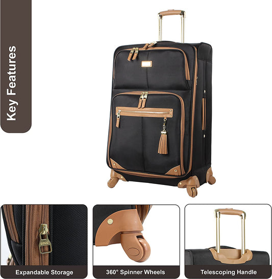 Designer Luggage Collection - Lightweight 24 Inch Expandable Softside Suitcase - Mid-size Rolling 4-Spinner Wheels Checked Bag (Harlo Black)