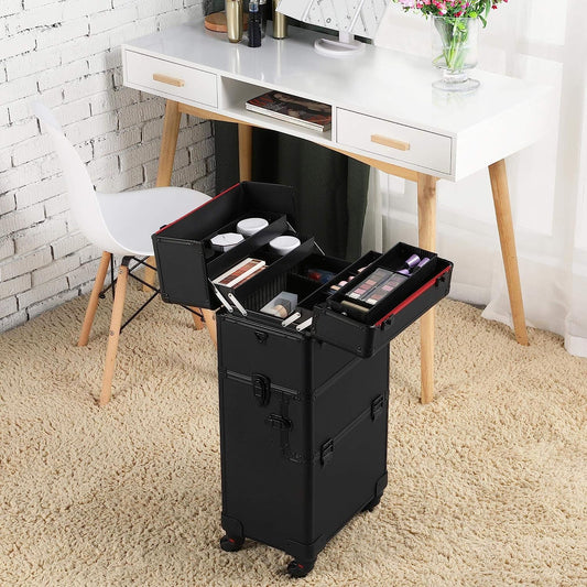 3 in 1 Aluminum Cosmetic Case Professional Makeup Train Case Large Capacity Trolley Makeup Travel Case Black