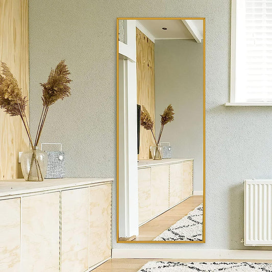 Full Length Mirror, Aluminum Alloy Thin Frame, 64"x21" Gold, Wall Mirror Dressing Mirror, Hanging or Leaning Against Wall, Bedroom Mirror, Floor Mirror, Full Body Mirror, with Stand