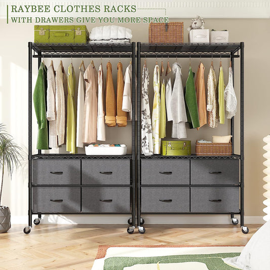 Clothing Racks for Hanging Clothes Rolling Heavy Duty Clothes Rack with Wheels Freestanding Closet Racks Heavy Duty with Deep Drawers Adjustable Wire Garment Rack 35.2" W * 15.7" D * 73.2" H