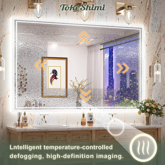 60x40 LED Bathroom Mirror Backlit Vanity Mirror with Lights Wall Mounted Anti-Fog Dimmable Makeup Mirror Variety of Sizes with Front Lights & Backlight(Horizontal/Vertical) Modern