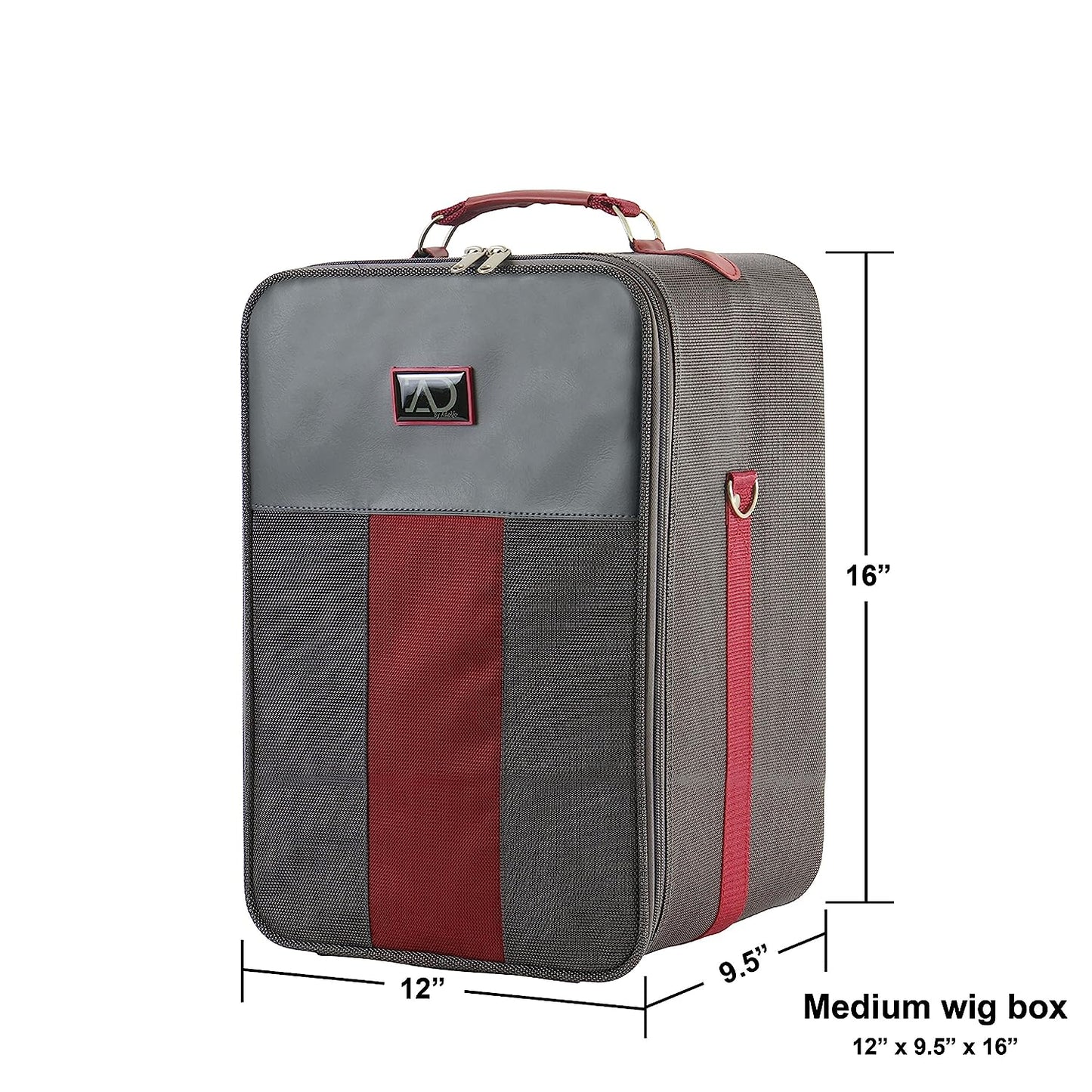 Medium Wig Travel Box with Top Handle, Shoulder Strap & Double Zipper, Carrying Case with Removable Head-Holding Base - Gray & Maroon