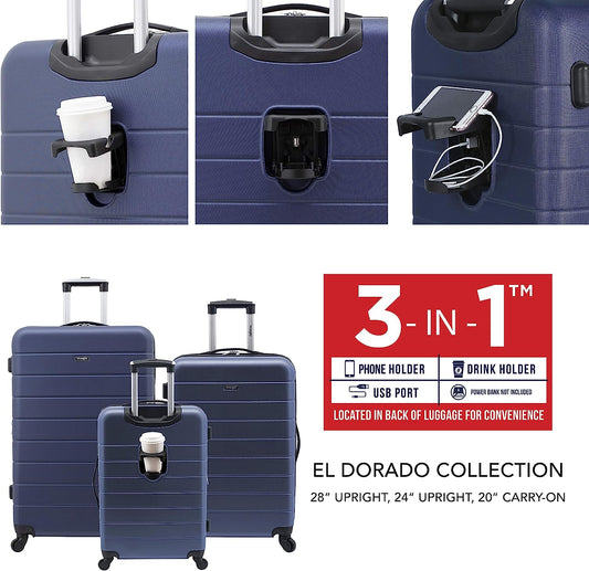 Smart Luggage Set with Cup Holder and USB Port, Navy Blue, 20-Inch Carry-On